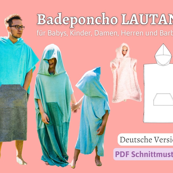 Patrón de costura poncho de baño Patrón de costura poncho de surf Patrón de costura poncho de playa mujer hombre niño cambiador costura LAUTAN | Todos los tamaños