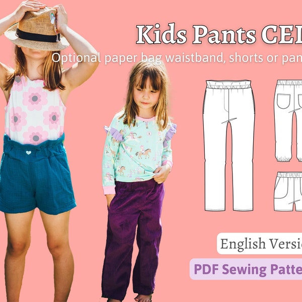 Sewing Pattern Girl Pants High Waist Shorts Sewing Pattern Paper Bag Pants Girl Trousers Sewing Pattern Elastic Pants Kid CELI| Sizes 92-164