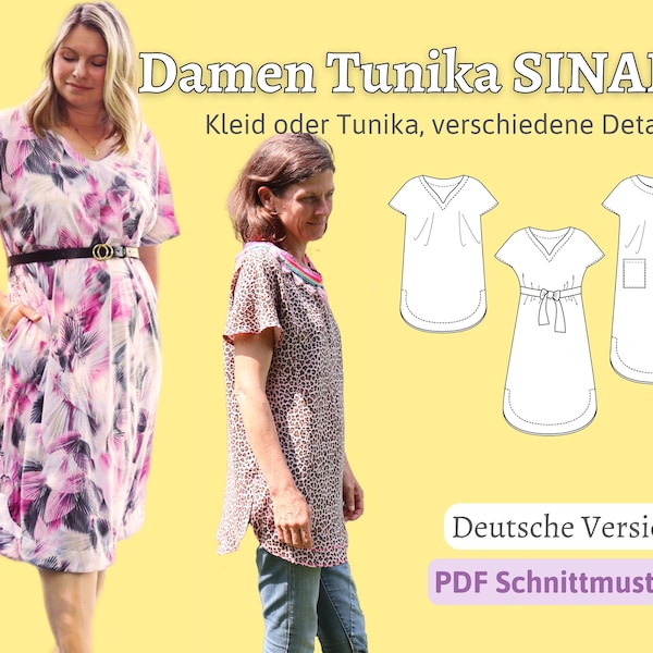 Schnittmuster Damen Kleid mit Taschen Leinen Musselin Schnittmuster Tunika Damen Schnittmuster Kaftan Nähanleitung ebook SINAR |Gr. 34-56