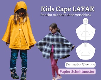 Schnittmuster Kinder Cape Schnittmuster Poncho Nähanleitung Umhang Schnittmuster Strick Jacke Hoodie Nähen Strand Poncho LAYAK | Gr. 92-164