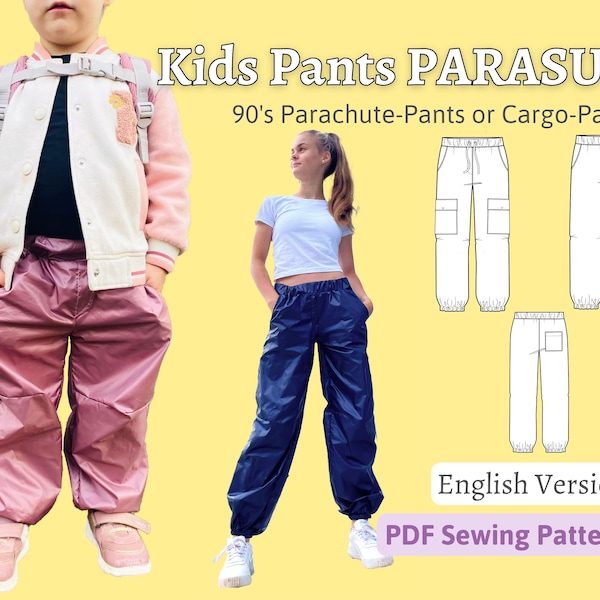 PDF Sewing Pattern Kids Pants Parachute Pants Outdoor Toddler Splash Pants Cargo Pants 90's Style Hipster Pants Children PARASUT | Size 92-164