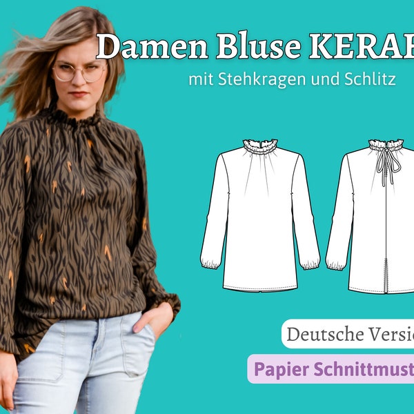 Schnittmuster Damen Bluse Schnittmuster Bluse mit Stehkragen Schnittmuster Rüschenbluse Nähanleitung Blusenshirt Longbluse KERAH |Gr. XS-XXL