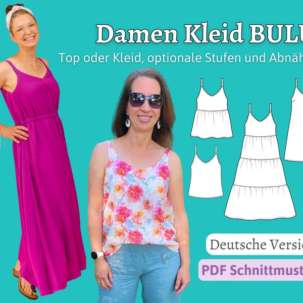 Schnittmuster Damen Kleid Schnittmuster Spaghetti Träger Top Sommerkleid Strandkleid Nähen Maxikleid Stufenkleid Boho PDF BULU |Gr.34-56