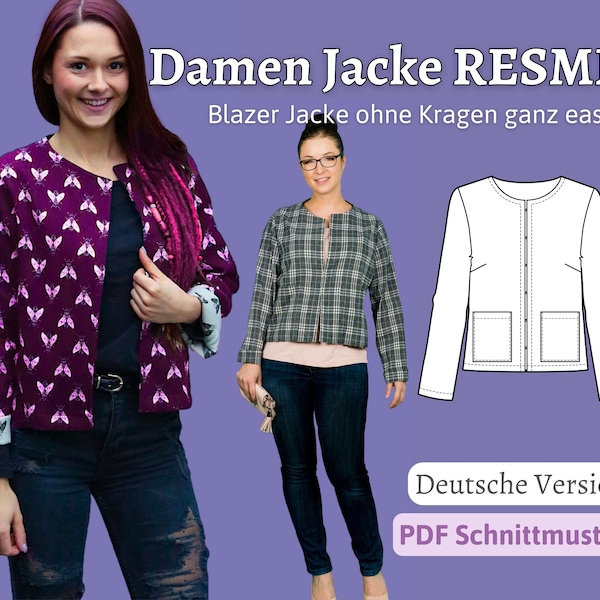 Einfaches Schnittmuster Damen Jacke Schnittmuster Blazer Nähanleitung Schnittmuster Kurzjacke Nähen Kastenjacke Oversize RESMI | Gr. XS-XXL