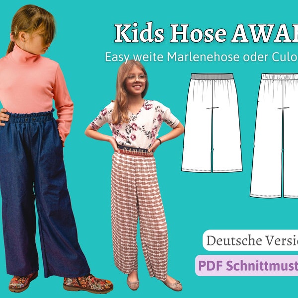 Schnittmuster Kinder Hose Schnittmuster Plissee Hose Sommer Hose Weite Hose Hohe Taille Marlene Hose Leinen Hose Musselin AWAH | Gr. 92-164