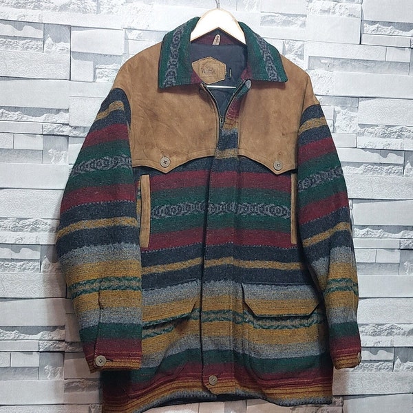 VTG 90s W00LRICH Made in USA Leather Wool jacket Size: L/ Authentic WOOLRICH jacket/ Vintage Woolrich jacket/ Boho Hippie Woolrich Coat