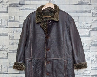 Vintage 90s LOEWE Leather Sherpa Jacket Size: 48/ XL/ Antique 