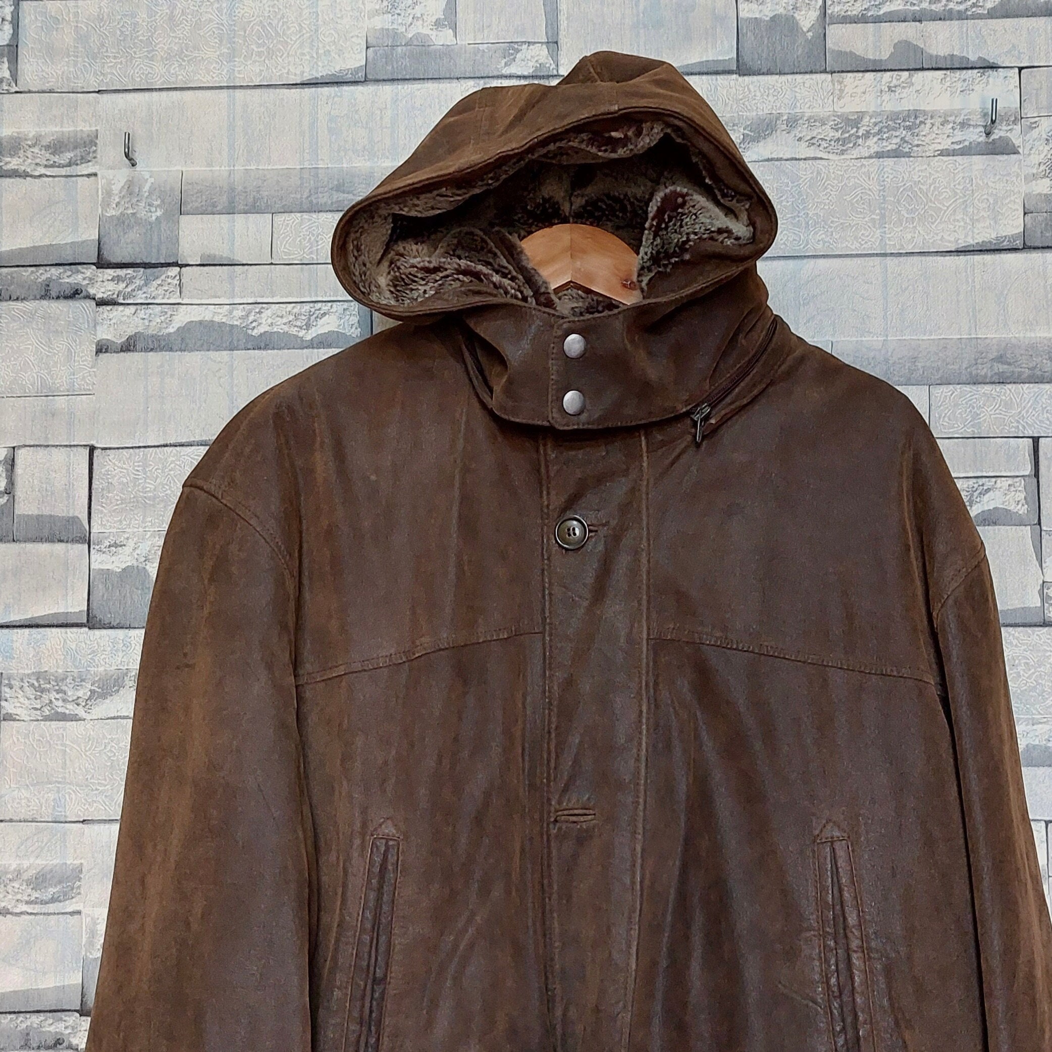 Men Leather Abercrombie - 56/2X/ Leather Leather 90s Brown & Wax Hoodie Jacket/ Fitch Vintage Retro Clothing Denmark Etsy Jacket/ Antique Jacket VTG Size: