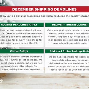May include: A graphic with text detailing December shipping deadlines, holiday deadlines, carrier delays, delivery time disclaimers, and address and stolen package policies. The text is on a white background with red and green accents.