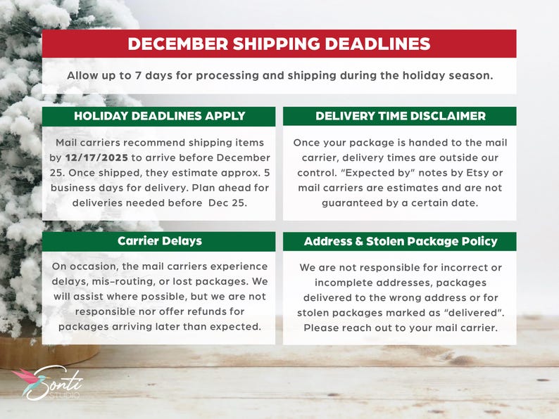May include: A graphic with text detailing December shipping deadlines, holiday deadlines, carrier delays, delivery time disclaimers, and address and stolen package policies. The text is on a white background with red and green accents.