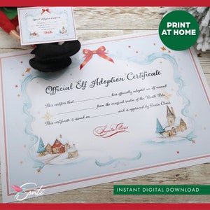 May include: Printable Christmas elf adoption certificate with a blue, white and red colour scheme. The certificate features a whimsical illustration of a snowy village with a church and a handwritten signature that says "Santa Claus".