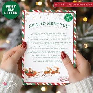 May include: A red and green striped card with a white background. The card has a message that reads "Nice to Meet You!" and is a letter from an elf to a child. The card features a cartoon image of Santa Claus in his sleigh with reindeer.