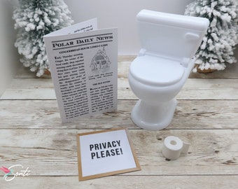 Christmas Elf Newspaper and Toilet, Elf Ideas, Elf Antics, Elf Accessories, Elf Activities, Elf Props, Elf Last Minute; Elf Doll Miniatures
