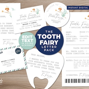Carta editable del Hada de los Dientes, Certificado del Hada de los Dientes, Recibo del Hada de los Dientes, Sobre del Hada de los Dientes, Carta personalizada, Primer diente perdido