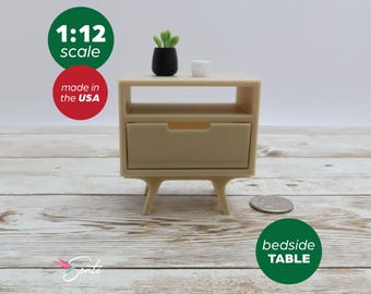 1:12 Scale Bedside Table, Bedroom Side Table, End Table. Mini Dresser Drawers, Doll Miniatures, Dollhouse Furniture, Mid Century Modern