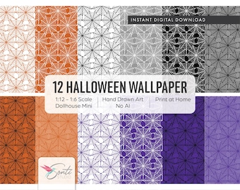 Haunted Halloween Dollhouse Wallpaper, Gothic Dollhouse Wallpaper, Spooky Purple Dollhouse Wallpaper, 1:12 Scale Miniature, 1/6 Scale