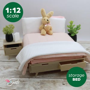 1:12 Scale Storage Bed + Nightstand, Bedroom Furniture, Mini Dresser Drawers, Doll Miniatures, Dollhouse Furniture, Mid Century Modern