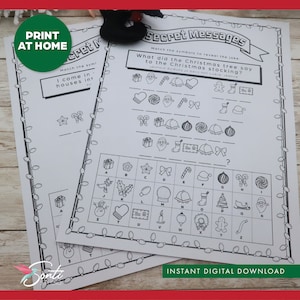 May include: A printable Christmas-themed activity sheet titled "Secret Messages". The sheet features a code-breaking activity where children match symbols to letters to solve a riddle. The riddle asks "What did the Christmas tree say to the Christmas stocking?"