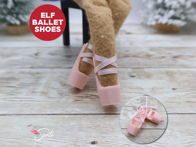 May include: Pink elf ballet shoes with ribbon ties. The image includes the text "ELF BALLET SHOES" in a red circle. A smaller image of the shoes is in the lower right corner.