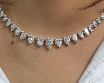 IGI Certified Pear Lab Grown Diamond Necklace / Stunning 14k Yellow Gold Tennis Necklace for Special Occasions / Perfect Gift for Women