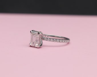 Full Eternity Pave Accent Engagement Ring 2 Ct Emerald Cut Moissanite Diamond Hidden Halo Wedding Ring Anniversary Gift Ring For Women