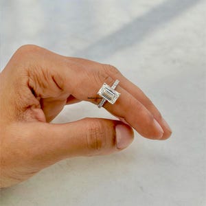 14k White Gold Emerald Moissanite Diamond Half Eternity Engagement Ring / Hidden Halo Cathedral Perfect Wedding or Special Occasion Gift