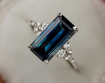 3 Ct Blue Sapphire Emerald Cut Moissanite Diamond Wedding Ring Vintage Art Deco Engagement Ring Solitaire Moissanite Ring Anniversary Gift