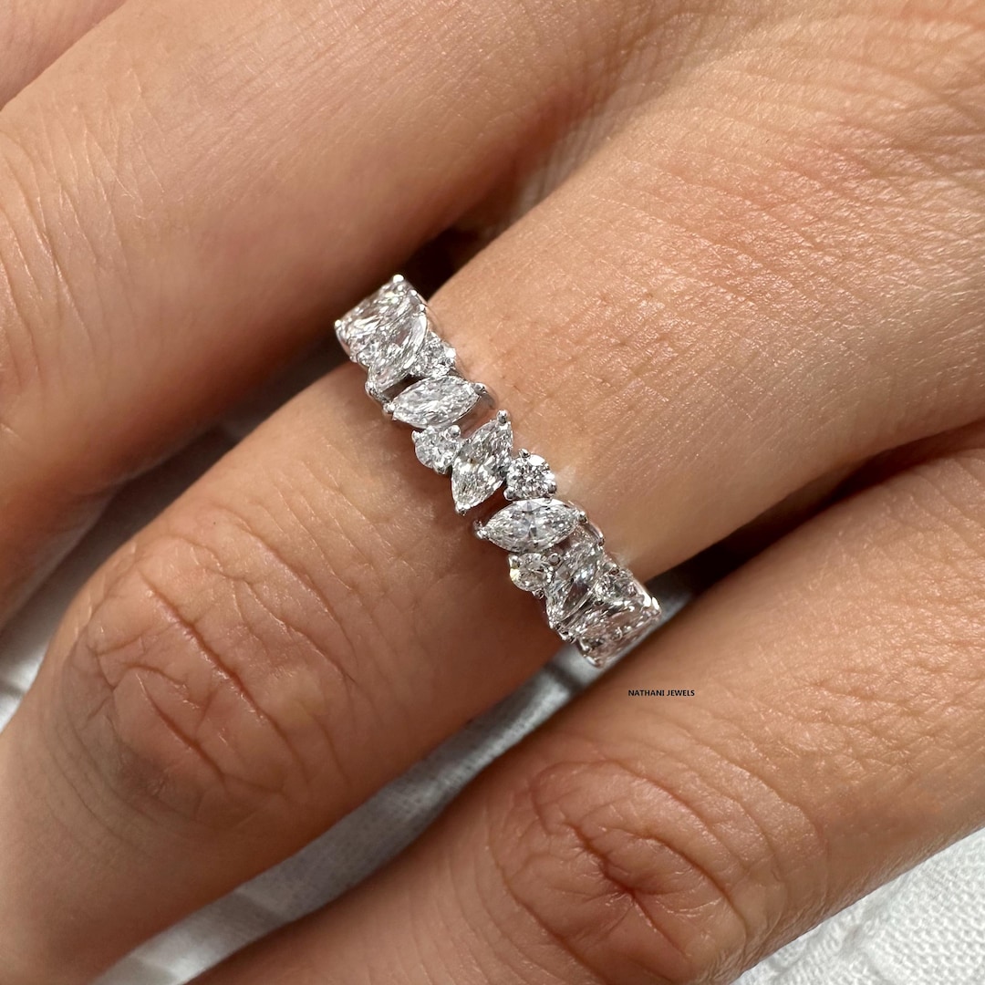 Certified Round and Marquise Cut Lab Grown Diamond Wedding Band / 14K ...