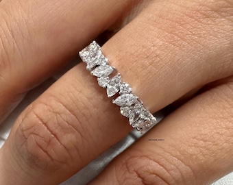 Certified Round And Marquise Cut Lab Grown Diamond Wedding Band / 14K White Gold Full Eternity Band /  Stackable Ring /Proposal Ring For Her