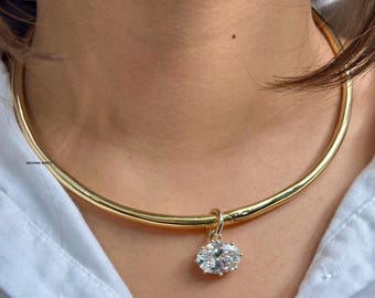 6 Carat IGI Certified Oval Lab Grown Diamond Choker Necklace in 14k Yellow Gold – Dainty Sparkling Pendant for Special Occasions, For Her