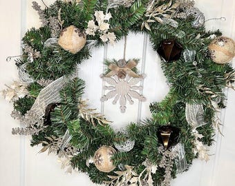 Snowflake Earthy Metallics Pine Christmas wreath