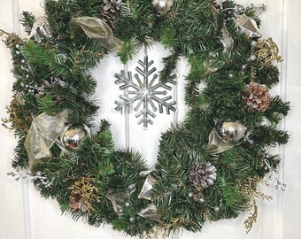 Silver and Gold  Snowflake  Pinecone Christmas Wreath