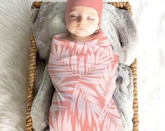 Coconut Palm Leaves Coral Swaddle Blanket