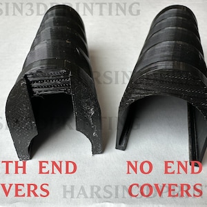 May include: Two black 3D printed objects, one with end covers and one without. The text "WITH END COVERS" is below the first object and "NO END COVERS" is below the second object.