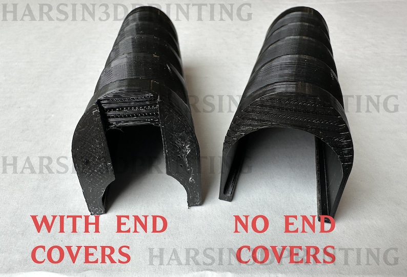 May include: Two black 3D printed objects, one with end covers and one without. The text "WITH END COVERS" is below the first object and "NO END COVERS" is below the second object.
