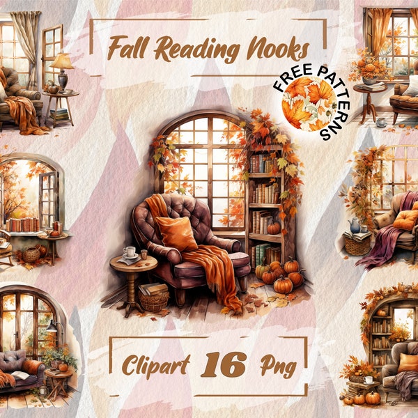 Watercolor Fall Reading Nook Autumn Clipart Bookworm PNG Fall Reading Clipart Fall Pumpkins PNG Free Commercial Use, Scrapbooking 404