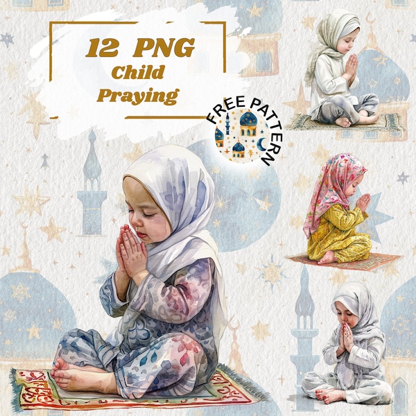Clipart enfants musulmans, PNG, téléchargement immédiat, enfants islamiques, enfants, enfants du monde, enfants en prière, lecture, livres 1142