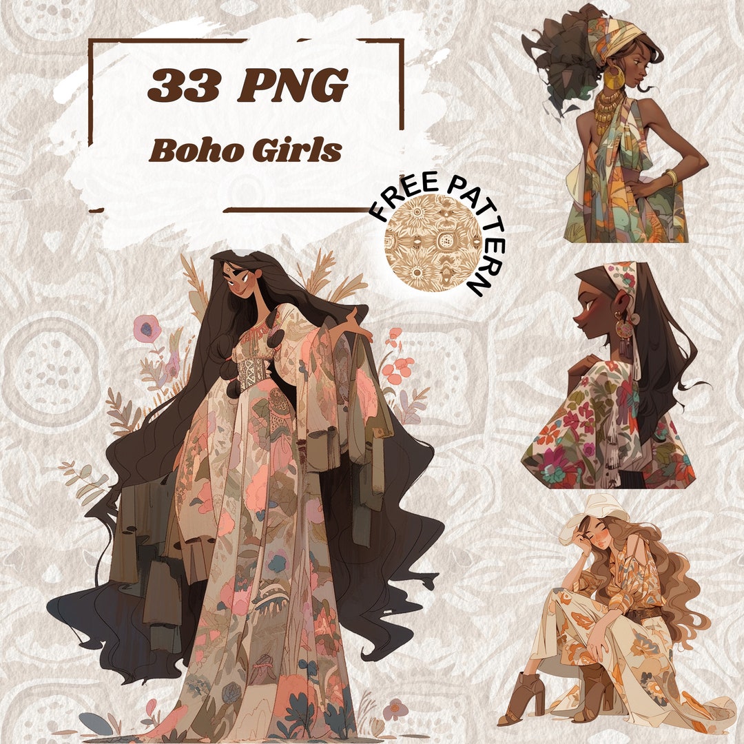 Boho Girls Clipart, PNG Boho, Paper Craft Bundle,boho Illustrations ...