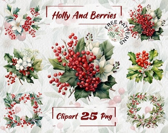 Holly and Berries Clipart, Watercolor Christmas Graphics, Xmas Decor PNG, Christmas Wreath Image, Free Commercial Use, Card Making 508