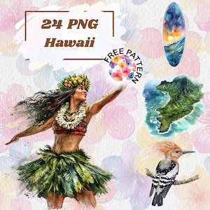 Summer Hawaii Clipart, Aloha Hawaii Watercolor, Hawaii clip art Digital art, flowers, drinks, surfing, beach, palms, Commercial use 1099
