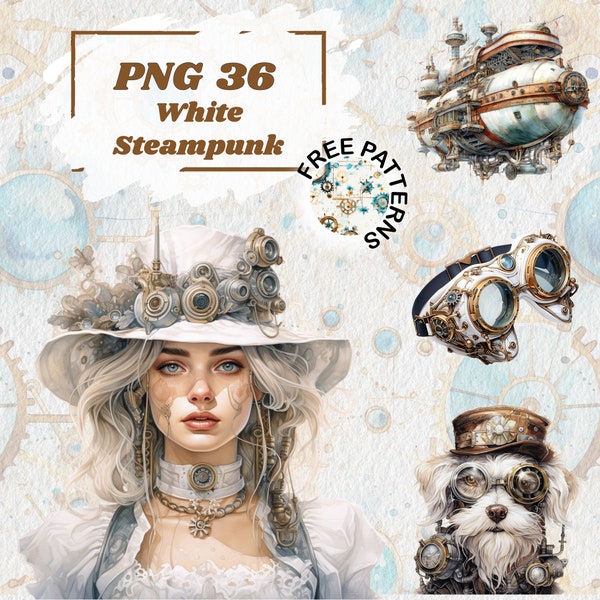 White Steampunk Clipart, PNG Steampunk Clipart, Junk Journal,Scrapbook,Steampunk Style,Fantasy Images,Clipart Bundle, Digital Download 987