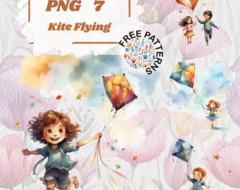 Kite Flying ClipArt - Kids Flying Kites Clip Art, Kids Illustrations Commercial Use PNG Clip Art Instant Digital Download,Commercial Use 992