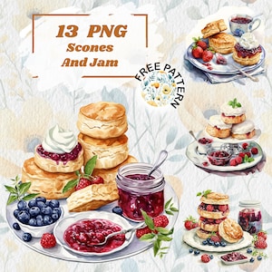 Scones und Sahne Clipart Pack, Aquarell Scones & Marmelade PNG-Bilder-Bundle, Frühstück Clipart, Teezeit, kommerzielle Nutzung 1131