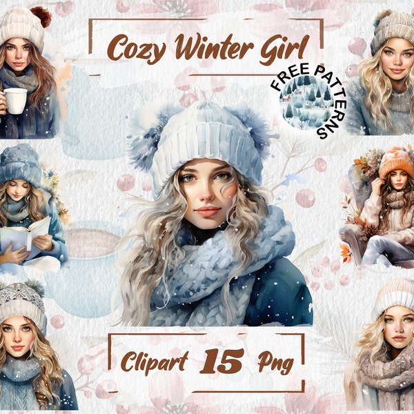 Cozy Winter Girls Clipart, Watercolor Winter Girls, Winter Graphics, Beautiful Woman PNG Free Commercial Use Winter Planner Scrapbooking 626