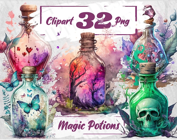 Witches Potion Bottles Watercolor Clipart Magical Mystical Art Fantasy Clipart Witchcraft Potion Bundle Magic Clipart Witchcraft PNG 42.1