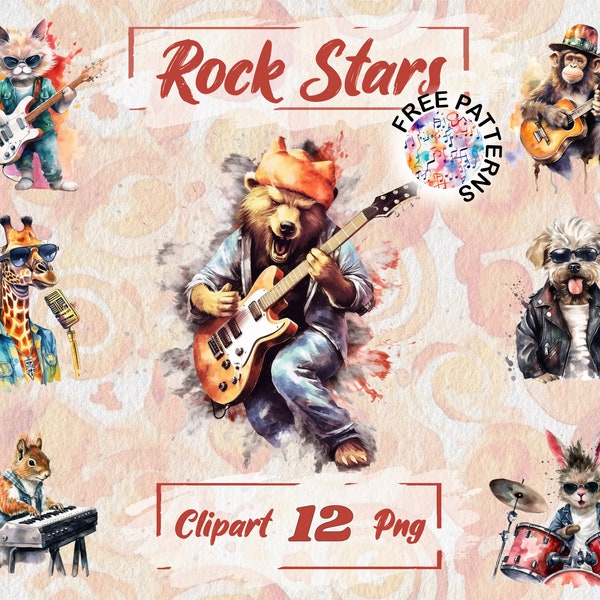 Watercolor Rock Star Animals Funny Animals PNG Watercolor Cute Animals Nursery PNG Free Commercial Use Scrapbooking, Junk journal 253