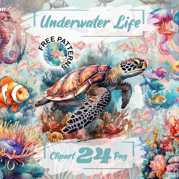 Underwater Life Clipart Summer PNG Clipart Fish PNG Bundle Sea Life Ocean Clipart Watercolor Summer Bundle, Free Commercial Use 113