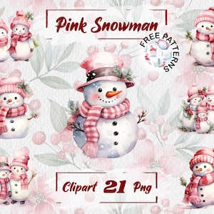 Roze sneeuwpop clipart, kerst PNG, aquarel roze kerst, winter sublimatie, kerstkaart maken, scrapbooking, gratis commercieel gebruik 666