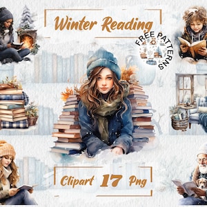 Winter lezing clipart, aquarel boekenwurm, gezellige winter graphics, transparante winter, boeken clipart, gratis commercieel gebruik, kaart maken 566