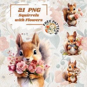 Écureuil mignon Clipart écureuil avec fleurs Écureuil PNG Fleurs de printemps Sublimation écureuil animaux de la forêt Enfants mignons png transparents 969